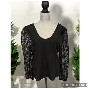 NEW MARC NEW YORK ANDREW MARC BLACK LACE SLEEVE SCOOP NECK BLOUSE